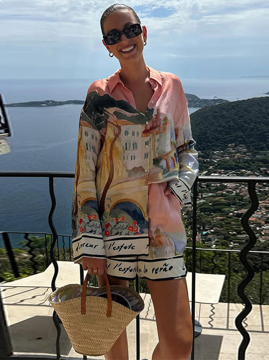 Holiday Printed Shirt Shorts Suits Women Casual Long Sleeve Lapel Button Shirt Loose Lady 2025 Summer Fashion Short Pants Set