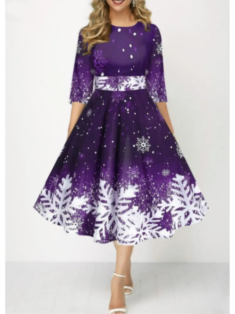 Autumn Winter New Snowflake Digital Print Women'S 3/4Sleeves Christmas Dress Fashion Waist Elegant Female A Line Christmas Dress