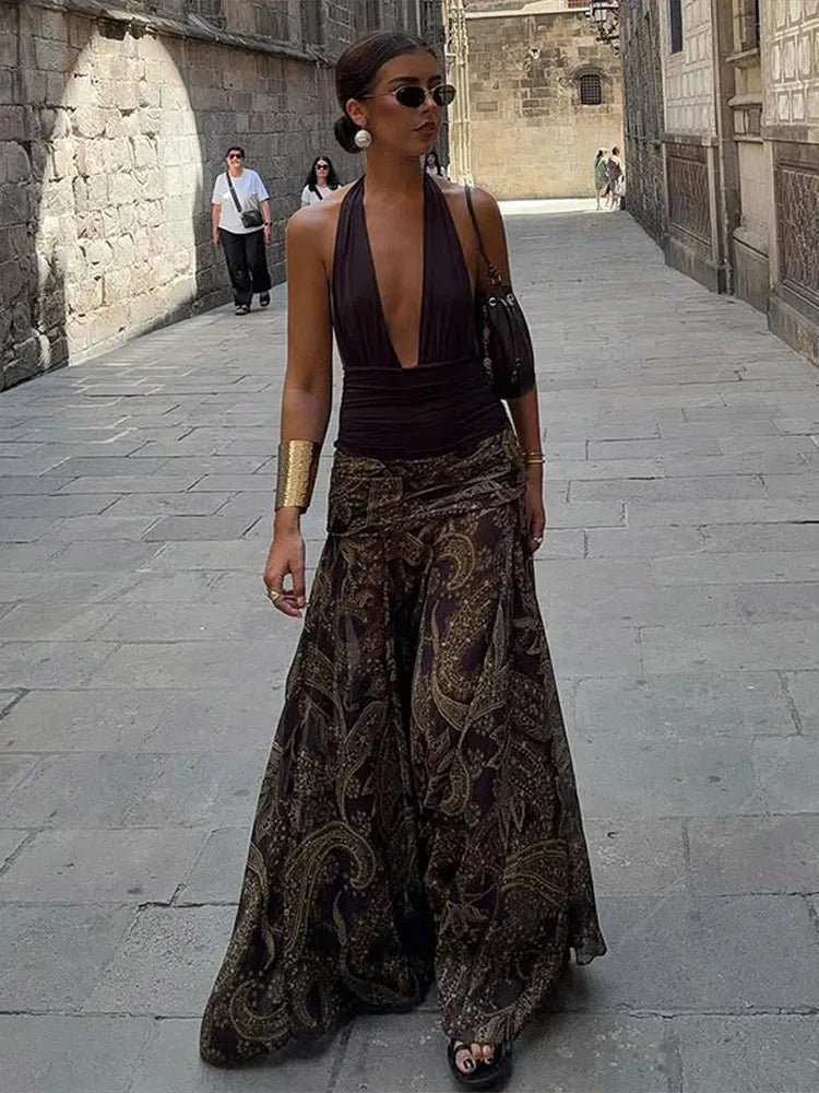 Irregular Printed Big Swing Long Skirts For Women High Waist Buttock Cover A-Line Maxi Skirt Female Vintage Bottom Clothes