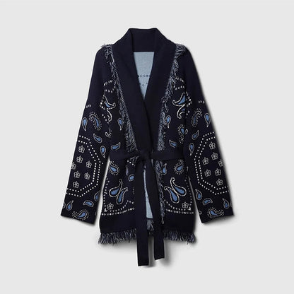Tassel Patchwork Printed Cardigan Women Geometric Patterns Belts V-Neck Long Sleeve Knitted Street Lady Sweater 2025 Autumn Coat