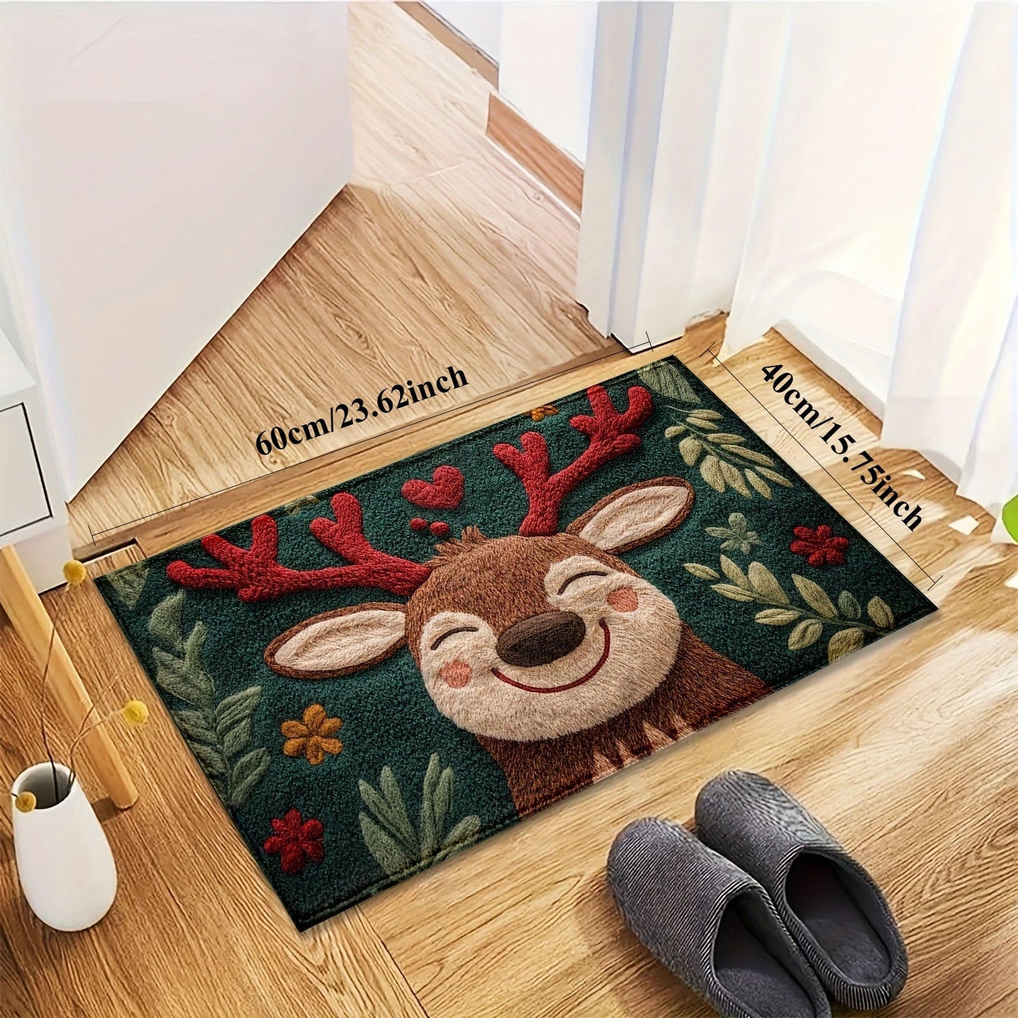1Pc Fluffy Christmas Deer Microfiber Bath Mat - Quick-Dry & Absorbent, Festive Holiday Design With Red Berries & Green Leaves