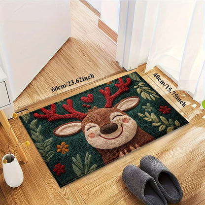 1Pc Fluffy Christmas Deer Microfiber Bath Mat - Quick-Dry & Absorbent, Festive Holiday Design With Red Berries & Green Leaves