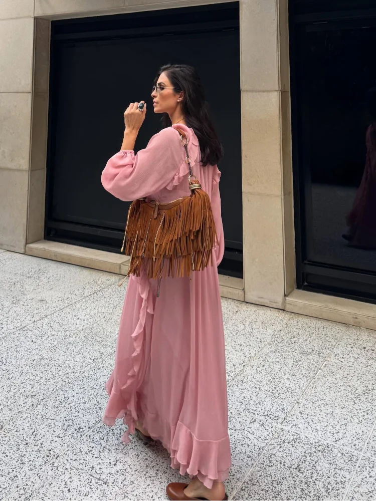 Elegant Solid Multiple Flounces Lace Up Dresses Chic Loose V Neck Full Sleeve Robes New Lady Summer Commute Vacation Gown 2025