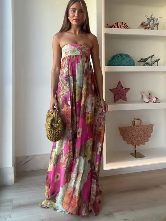 Casual Pleated Printed Strapless Maxi Dress Women Chic Sleeveless High Waist Loose Hem Long Dresses Summer New Lady Party Robes