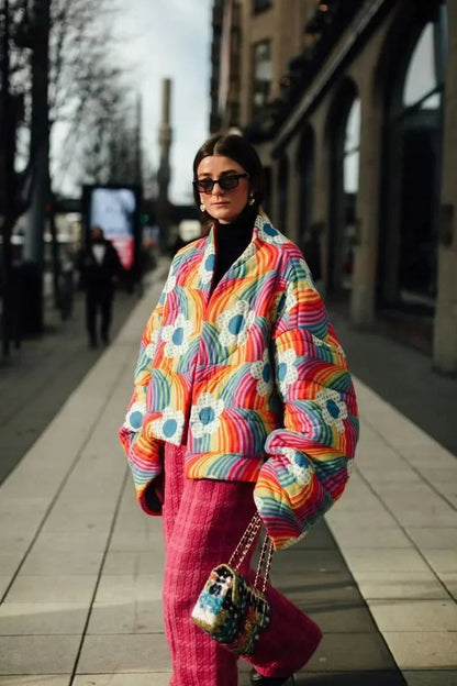 Fashionable Autumn/Winter New Release Rainbow Flower Padded Jacket Cross-Border Style Quilted Coats For Men Women