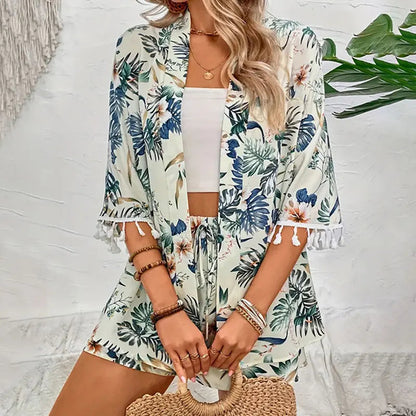 Two Piece Set For Women Outfits Open-Front Cardigan Smock Flower Printed Beach Shorts Summer Suits Female Clothing Beachwear