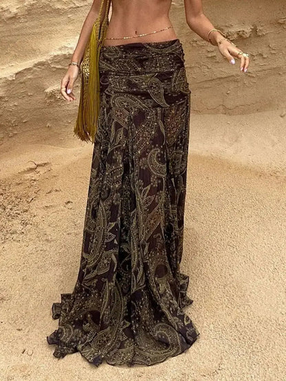 Irregular Printed Big Swing Long Skirts For Women High Waist Buttock Cover A-Line Maxi Skirt Female Vintage Bottom Clothes