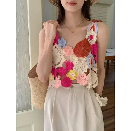 Embroidery Floral Crochet Tank Top Multicolor Open-Knit Crop Tank Tops Women Teengirl Summer Fairycore Cottagecore Outfit