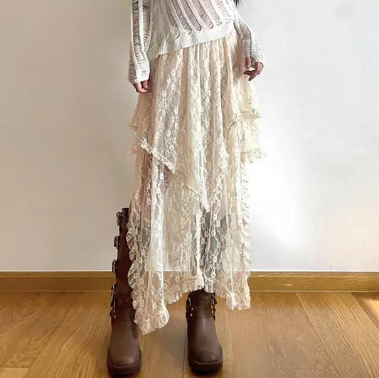 Asymmetrical Lace Skirts Women Summer Clothing Soft All-Match Chic Streetwear Y2K Trendy Korean Style Loose Ladies Party Faldas