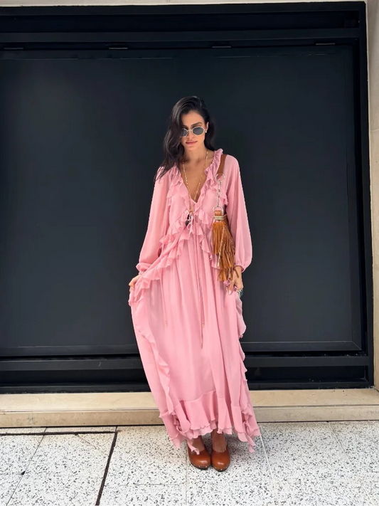 Elegant Solid Multiple Flounces Lace Up Dresses Chic Loose V Neck Full Sleeve Robes New Lady Summer Commute Vacation Gown 2025