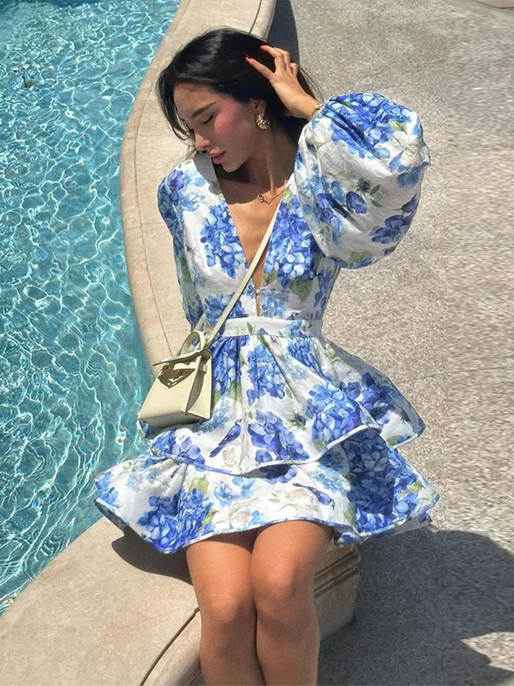 Elegant Print Ruffles Mini Dress Women Deep V Neck Long Sleeves A Line Dresses Female 2025 Spring New Fashion Fluffy Robe Lady