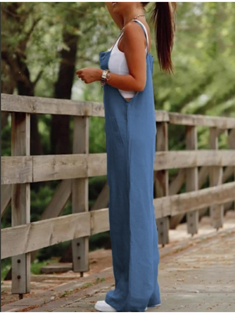 Women'S Sleeveless Jumpsuit With Suspender Loose Casual Pocket Monochromatic Summer