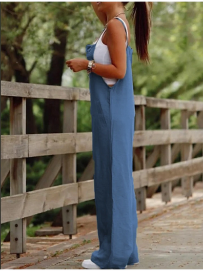 Women'S Sleeveless Jumpsuit With Suspender Loose Casual Pocket Monochromatic Summer