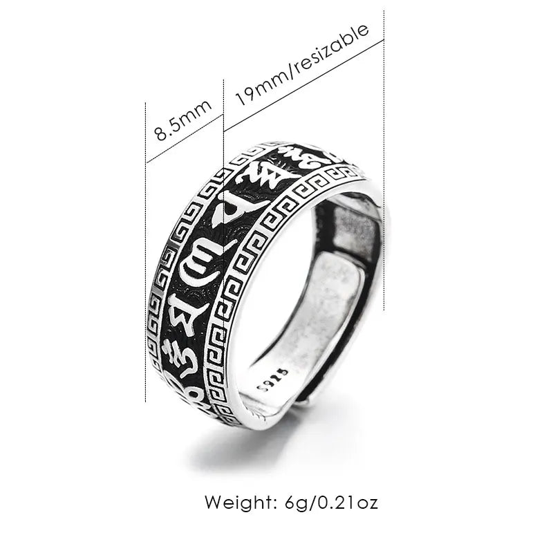 Retro Ancient Silver Plated Buddhist Six Character Daming Mantra Tibetan Resizable Ring For Men Feng Shui Amulet Protection Ring