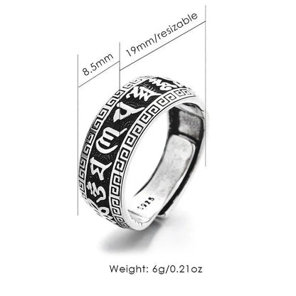 Retro Ancient Silver Plated Buddhist Six Character Daming Mantra Tibetan Resizable Ring For Men Feng Shui Amulet Protection Ring