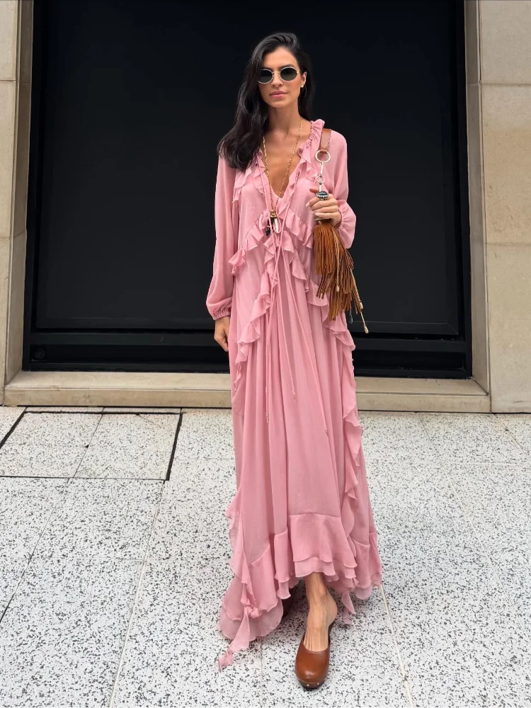 Elegant Solid Multiple Flounces Lace Up Dresses Chic Loose V Neck Full Sleeve Robes New Lady Summer Commute Vacation Gown 2025