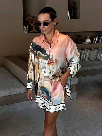 Holiday Printed Shirt Shorts Suits Women Casual Long Sleeve Lapel Button Shirt Loose Lady 2025 Summer Fashion Short Pants Set