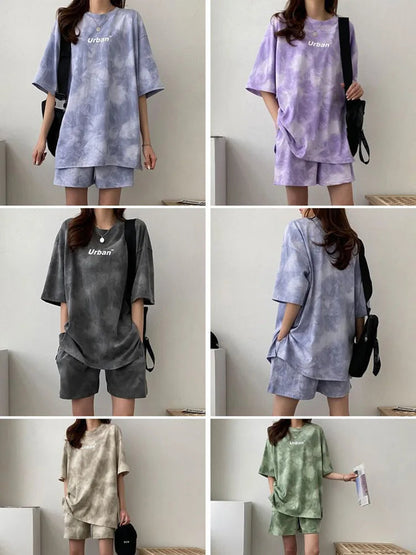 Women T-Shirt Shorts Suit Set Casual Tie Dye Loose Tshirt And Wide Leg Middle Shorts With Pockets Female Soft Summer Shorts Sets