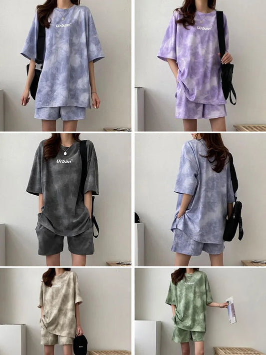 Women T-Shirt Shorts Suit Set Casual Tie Dye Loose Tshirt And Wide Leg Middle Shorts With Pockets Female Soft Summer Shorts Sets