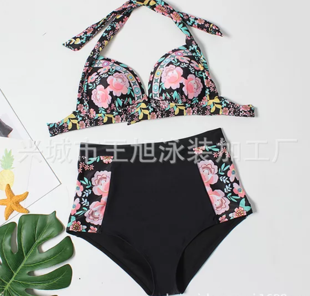 Multicolor Sexy Print High Waist Split Bikini