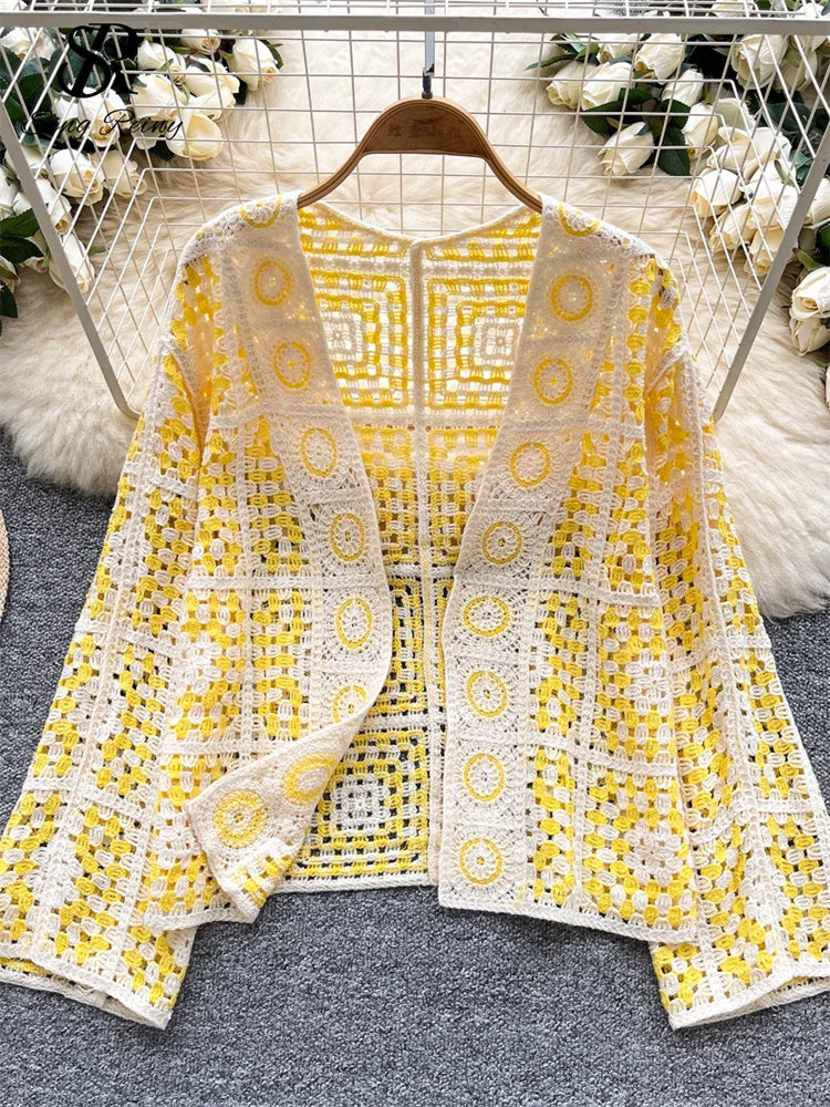 Vintage Boho Loose Plaid Cardigans Female Long Sleeves Hook Flower Hollow Tops 2025 Vacation Sunscreen Casual Shirt