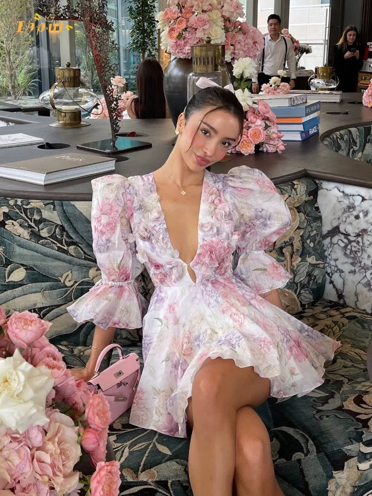 Flower Printed Short Puff Sleeve Mini Dress Women V Neck Beach Holiday Summer Short Vestido 2025 Seaside A-Line Sexy Casual Gown