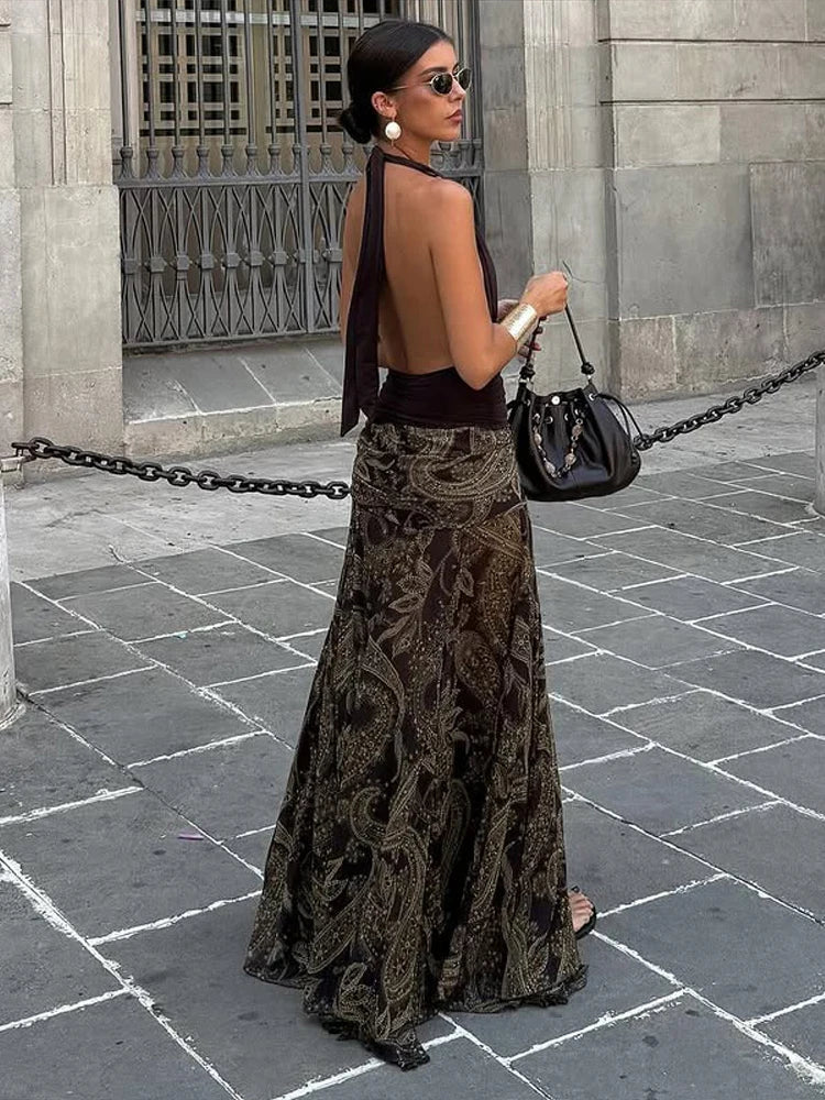 Irregular Printed Big Swing Long Skirts For Women High Waist Buttock Cover A-Line Maxi Skirt Female Vintage Bottom Clothes