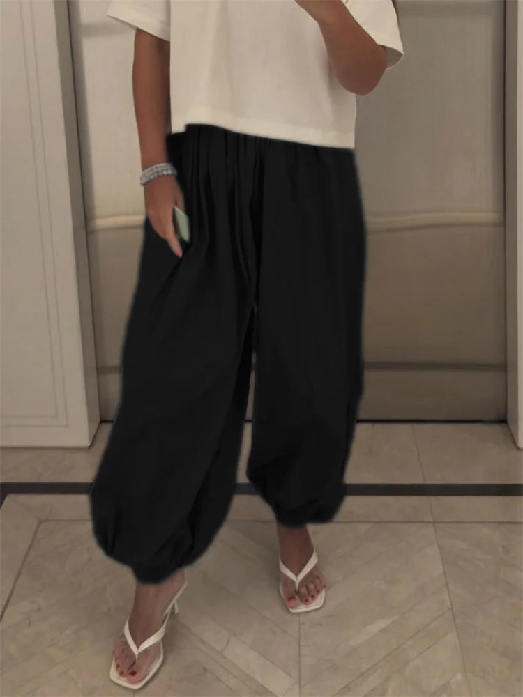 Tossy Summer Fashion Pocket Bloomers Female Trousers Pleated Loose High Waist Patchwork Bandage Streetwear Wide Leg Women Pants
