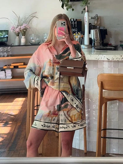 Holiday Printed Shirt Shorts Suits Women Casual Long Sleeve Lapel Button Shirt Loose Lady 2025 Summer Fashion Short Pants Set