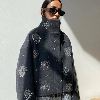 Casual Embroidery Beading Loose Women Coat Lapel Collar Bat Sleeve Solid Wool Blend Jacket 2025 New Lady Luxury Spring Outerwear