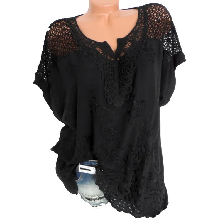 Large Size Loose Short-Sleeved Lace Women Blouses Cotton Blouses 2024 Summer V-Neck White Shirt Tops Sexy Fashion Women Shirt