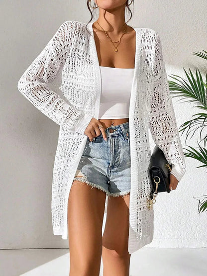 Polyester 100.00% Solid Color Knitted Cardigan With Sun Shading And Loose Fitting Fashion, Mid Length And Elegant Sweater