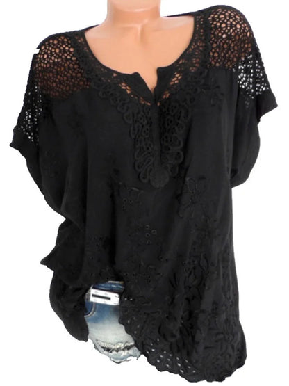 Large Size Loose Short-Sleeved Lace Women Blouses Cotton Blouses 2024 Summer V-Neck White Shirt Tops Sexy Fashion Women Shirt