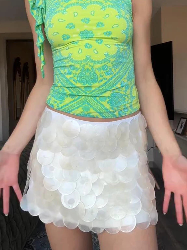 Sequin Mini Skirt Women Sexy Slim Shiny Fashion Chic Short Skirts Female 2025 Spring Summer Beach Solid Holiday Streetwears Lady