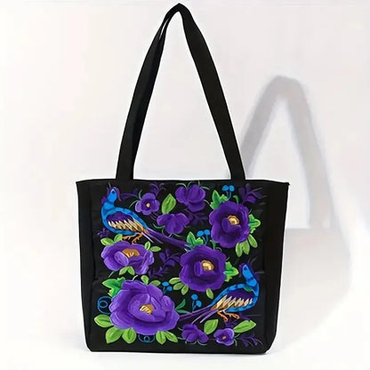 Ethnic Style Flower Embroidery Canvas Tote Shoulder Bag Large Capacity Handbag For Women