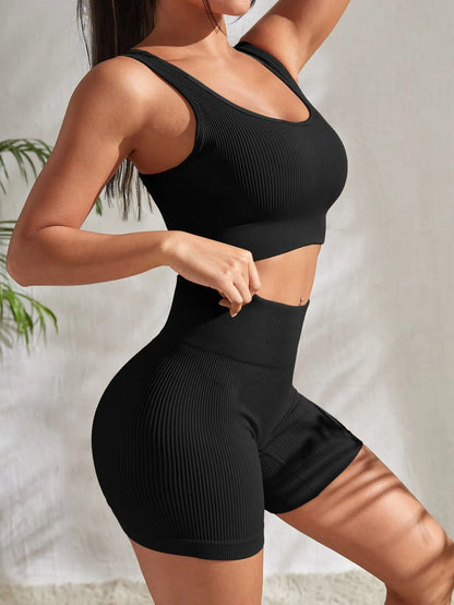 Seamless Ribbed Yoga Sets Workout Sets For Women 2 Pieces Gym Suits Ribbed Crop Tank High Waist Shorts Outfits Fitness Running