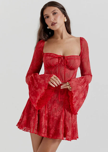 Self Tie Lace Dress Long Sleeve Vibrant Red
