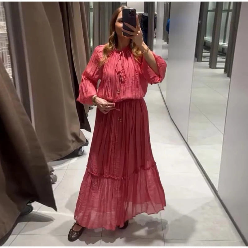 Loose Lace Up Ruched Skirts Sets Women V-Neck Lantern Sleeve Blouses Ruffles High Waist A-Line Skirt 2025 Summer Lady Outfits