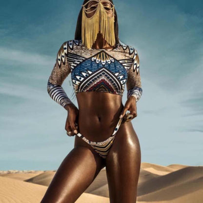 Sexy African Print Tribal Swimsuit Long Sleeve Swimwear Bathing Suit Women Swimming Suit Surfing Beachwear Thong Bikini Maillot