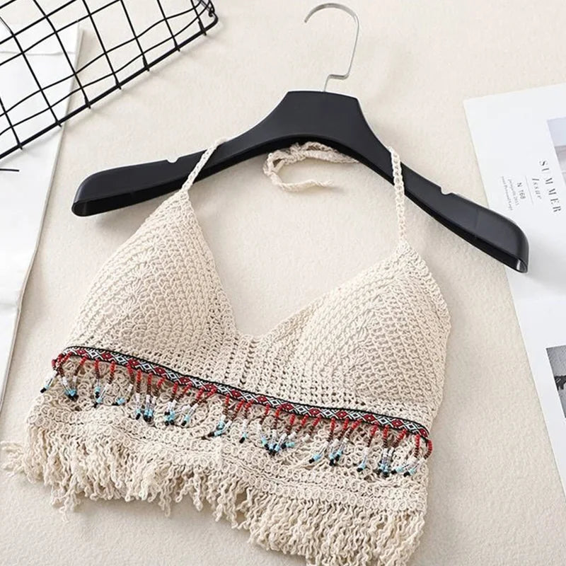 Sexy Boho Beach Holiday Camisole Halter Women Crochet Knit Swimsuit Bra Backless Vest Hollow Tassel Tank Top Women'S Crop Tops