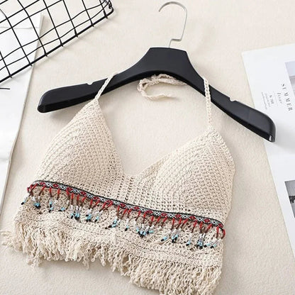 Sexy Boho Beach Holiday Camisole Halter Women Crochet Knit Swimsuit Bra Backless Vest Hollow Tassel Tank Top Women'S Crop Tops