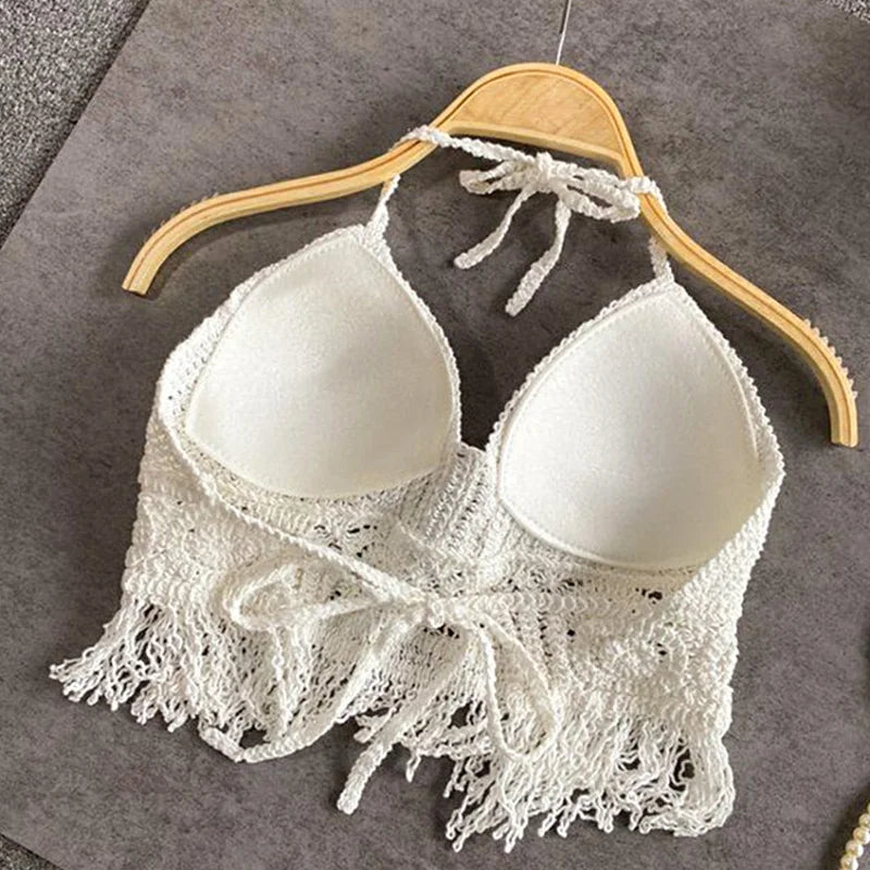 Sexy Boho Beach Holiday Camisole Halter Women Crochet Knit Swimsuit Bra Backless Vest Hollow Tassel Tank Top Women'S Crop Tops