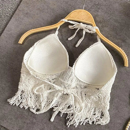 Sexy Boho Beach Holiday Camisole Halter Women Crochet Knit Swimsuit Bra Backless Vest Hollow Tassel Tank Top Women'S Crop Tops