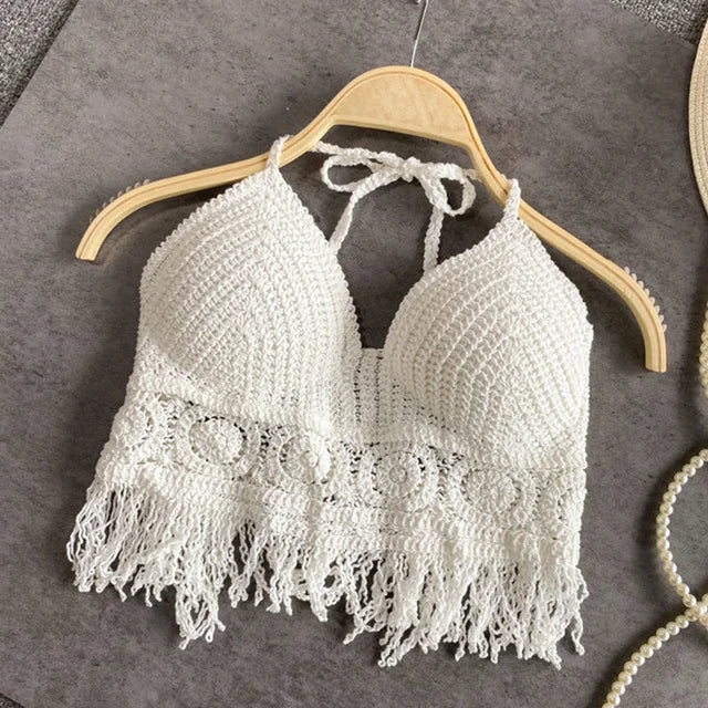 Sexy Boho Beach Holiday Camisole Halter Women Crochet Knit Swimsuit Bra Backless Vest Hollow Tassel Tank Top Women'S Crop Tops