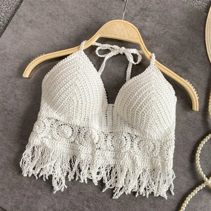Sexy Boho Beach Holiday Camisole Halter Women Crochet Knit Swimsuit Bra Backless Vest Hollow Tassel Tank Top Women'S Crop Tops