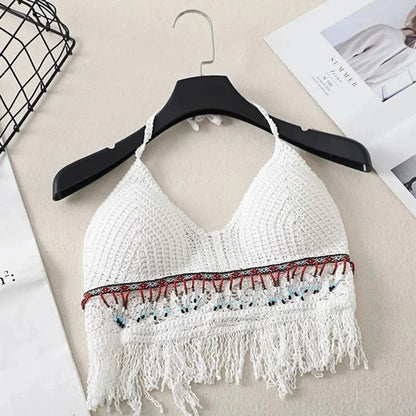 Sexy Boho Beach Holiday Camisole Halter Women Crochet Knit Swimsuit Bra Backless Vest Hollow Tassel Tank Top Women'S Crop Tops