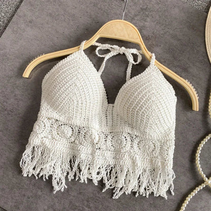 Sexy Boho Beach Holiday Camisole Halter Women Crochet Knit Swimsuit Bra Backless Vest Hollow Tassel Tank Top Women'S Crop Tops