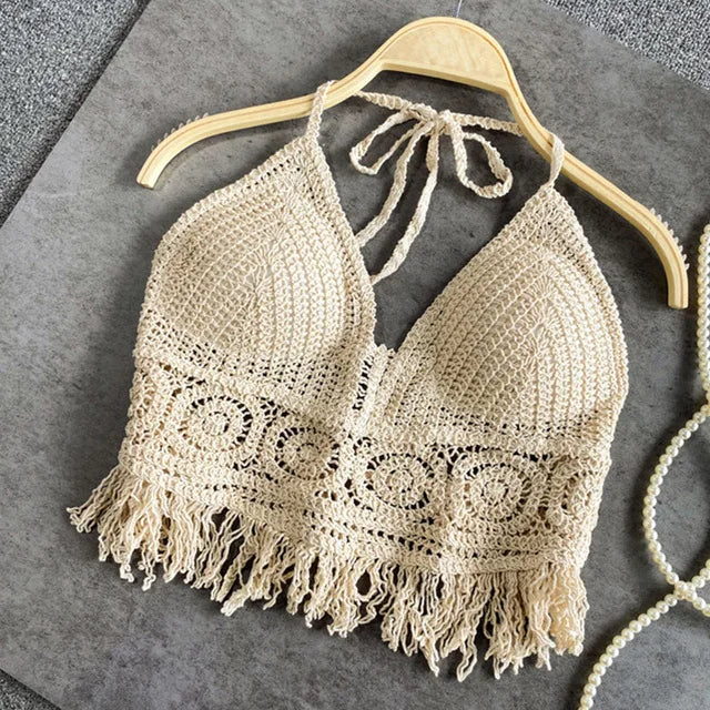 Sexy Boho Beach Holiday Camisole Halter Women Crochet Knit Swimsuit Bra Backless Vest Hollow Tassel Tank Top Women'S Crop Tops