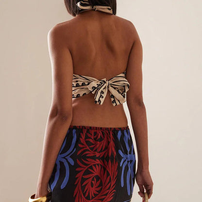 Sexy Halter Pattern Printed Mini Dress Summer Hollow Off Shoulder Bohemian Dress Women'S Fashion Lace Up Backless Short Dresses