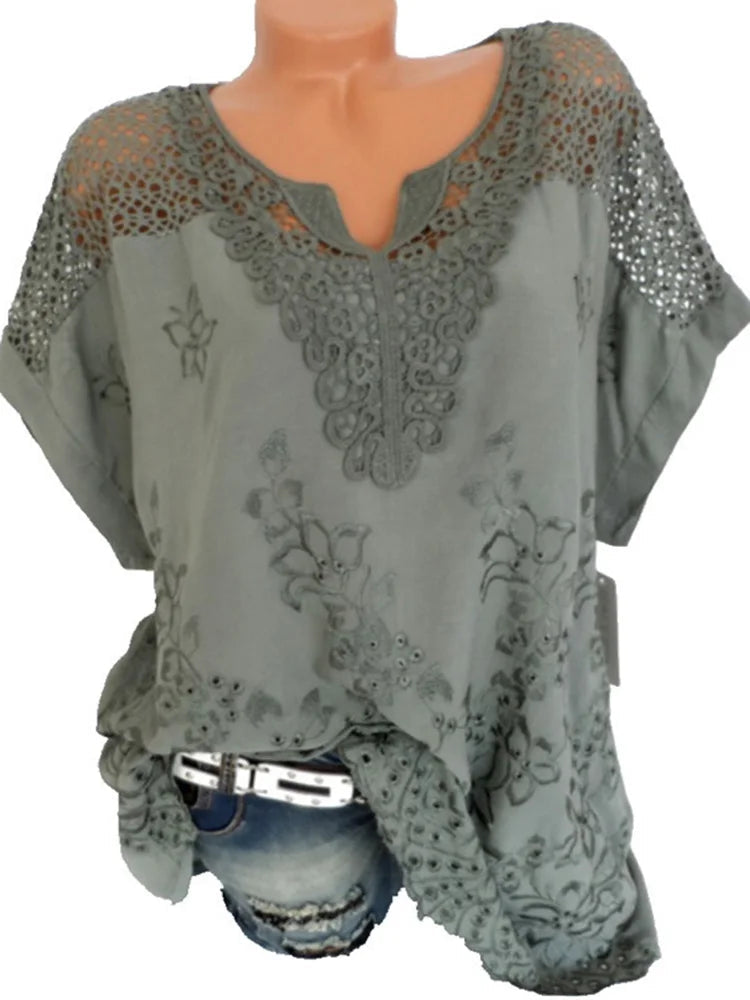 Large Size Loose Short-Sleeved Lace Women Blouses Cotton Blouses 2024 Summer V-Neck White Shirt Tops Sexy Fashion Women Shirt